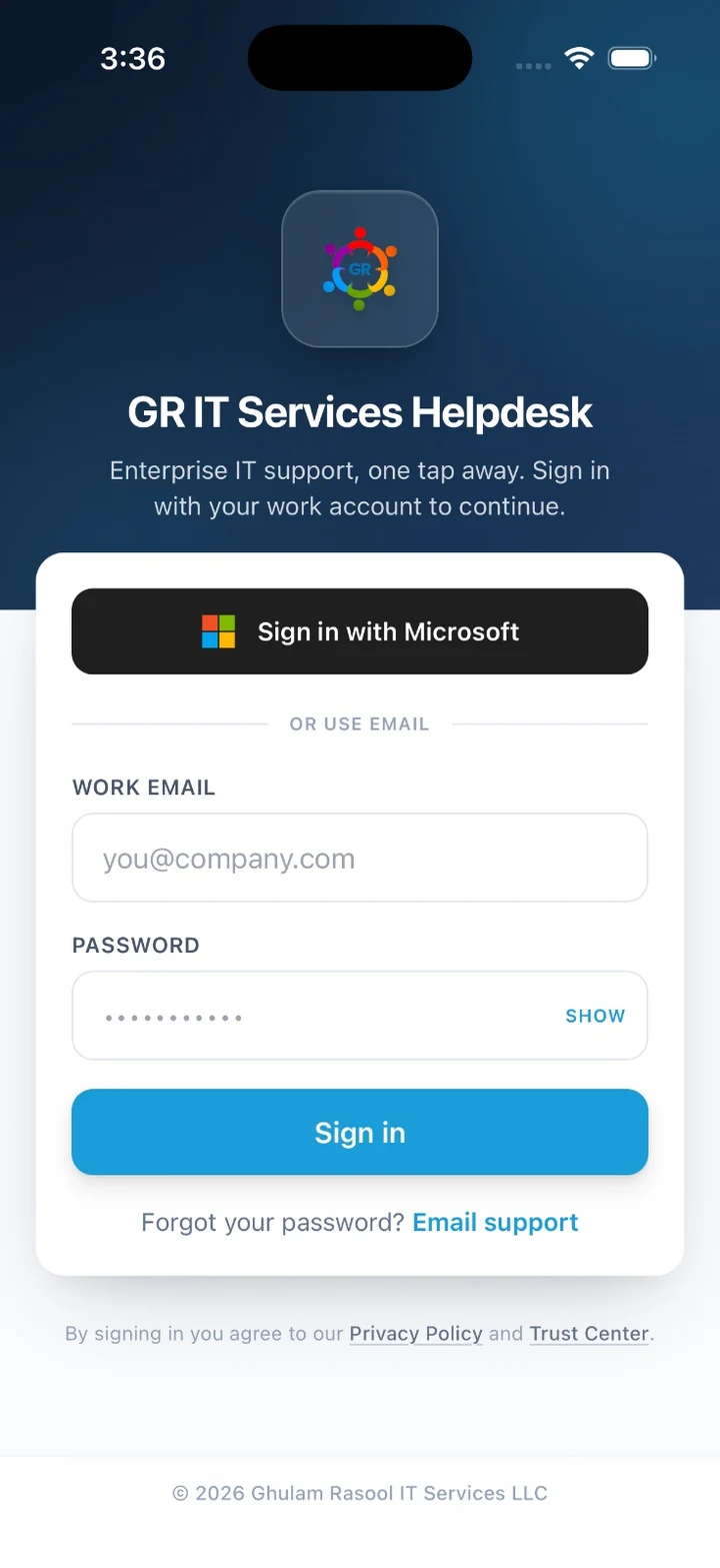 GR IT Services Helpdesk app sign-in screen with Sign in with Microsoft and work email login