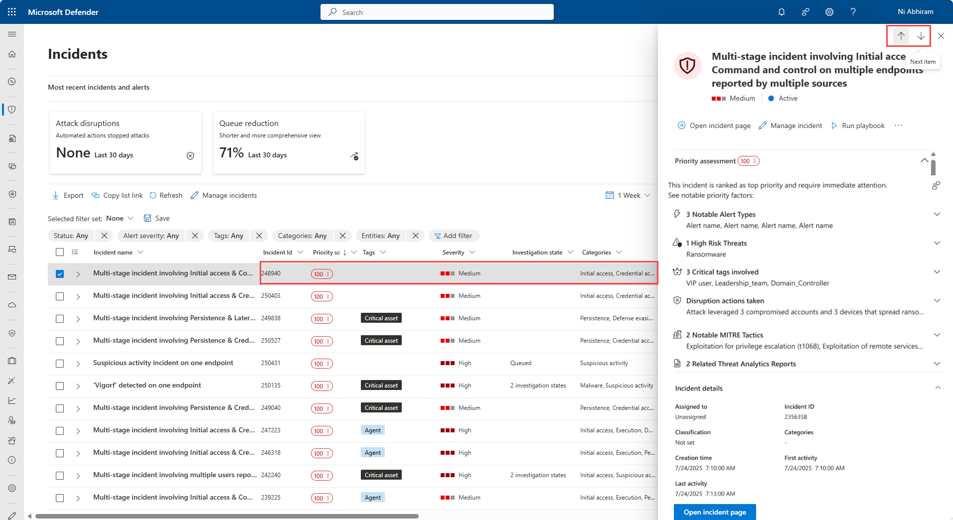 Microsoft Defender XDR incidents queue and investigation details